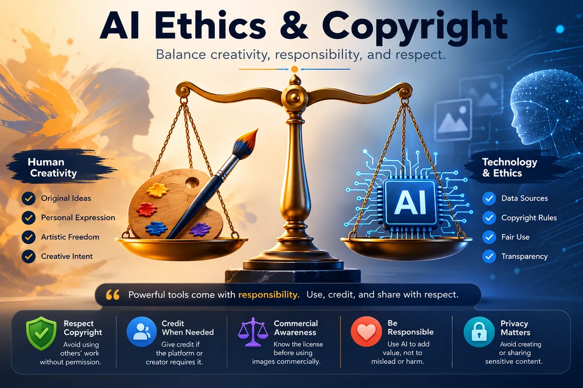 Balance scale illustration representing the balance between human creativity and AI technology ethics and copyright