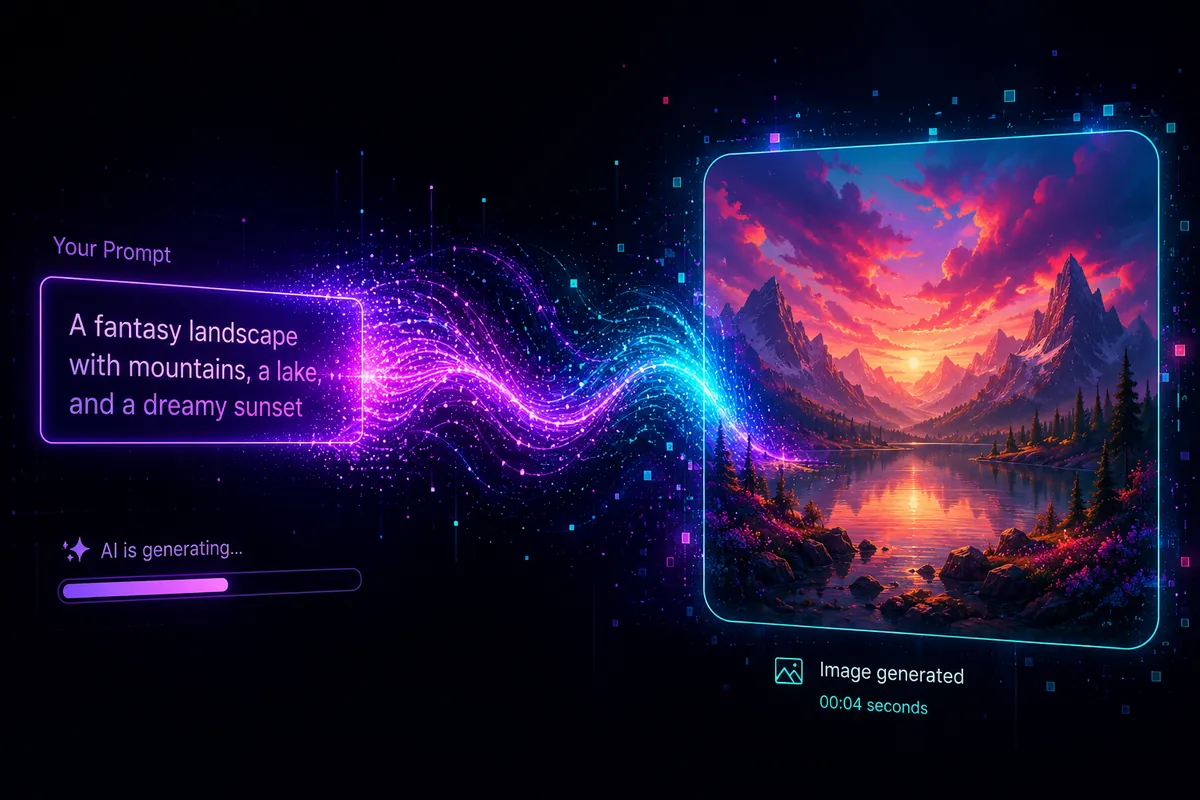 A text prompt describing a fantasy landscape transforming into a finished AI-generated image