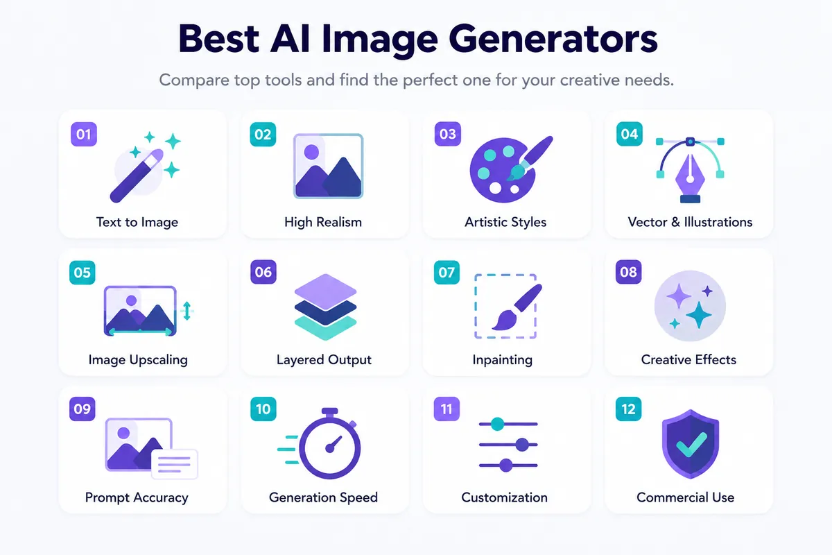 Grid of twelve icons representing AI image generator features like text to image, high realism, artistic styles, and commercial use