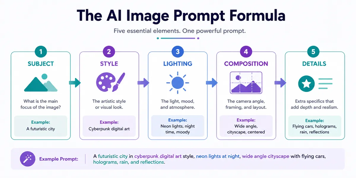 Five-part AI image prompt formula: subject, style, lighting, composition, and details, with an example prompt