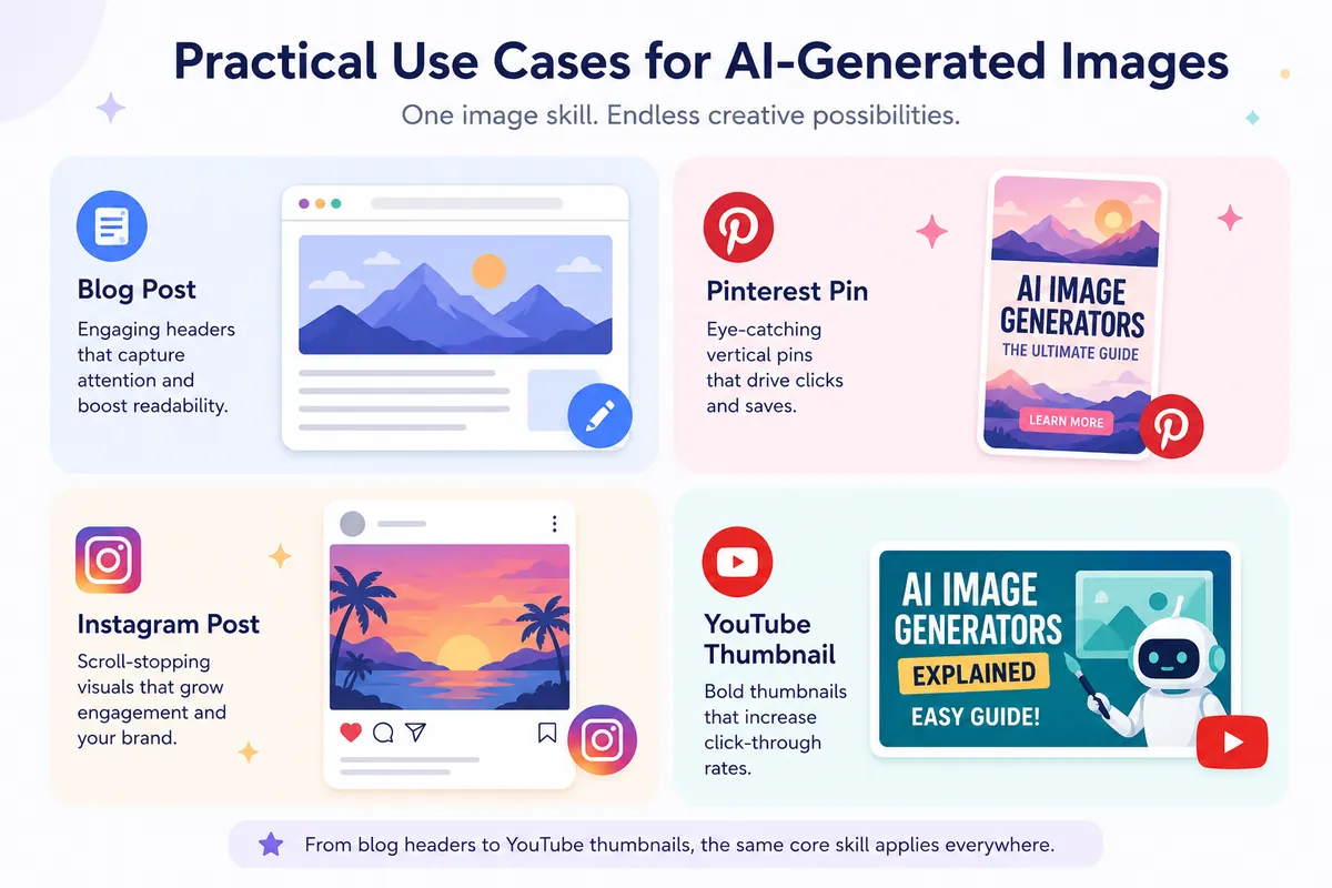 Collage showing AI-generated images used for a blog post, Pinterest pin, Instagram post, and YouTube thumbnail