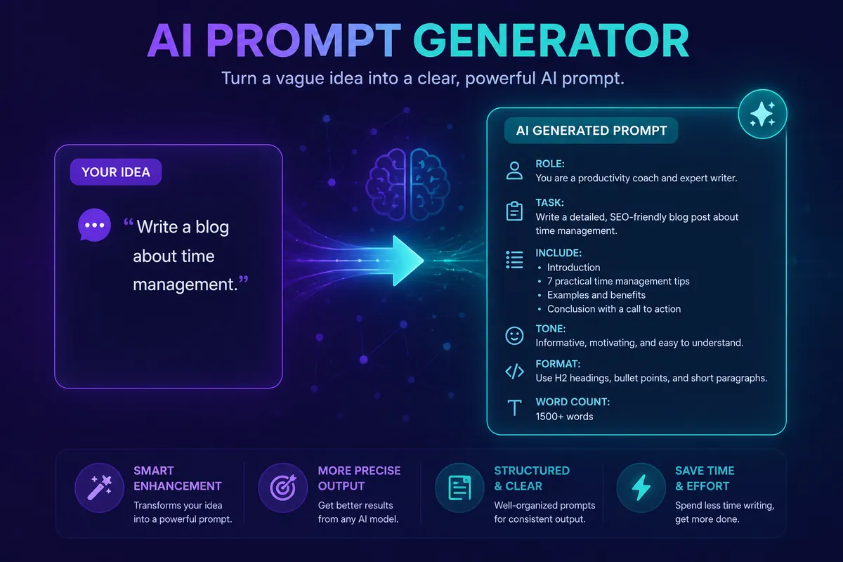 AI Prompt Generator turning a vague idea into a structured, detailed AI prompt with role, task, tone, and format sections