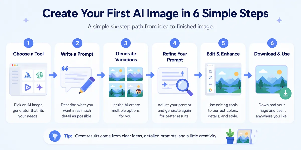 Six-step workflow for creating an AI image: choose a tool, write a prompt, generate variations, refine, edit, and download