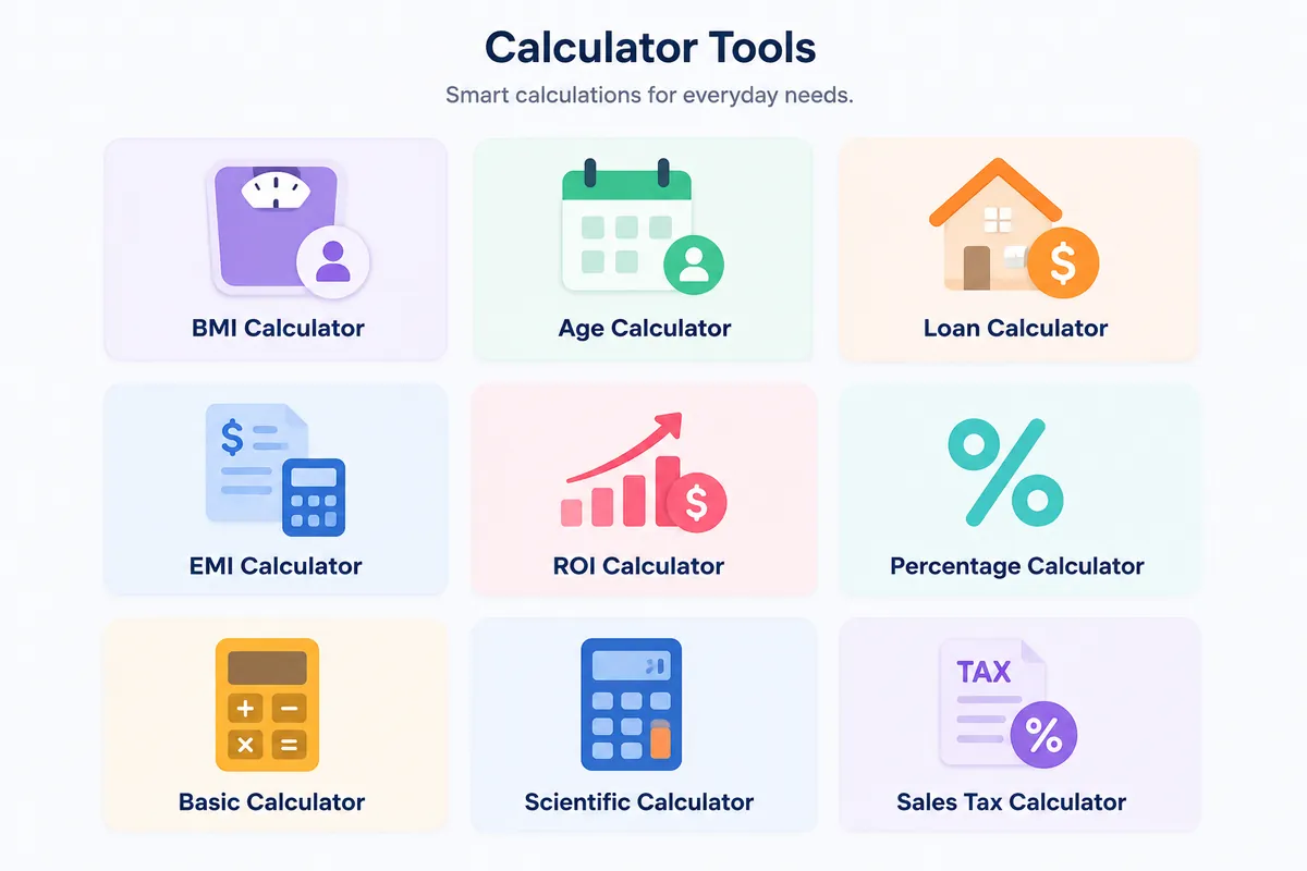 Grid of calculator tools including BMI calculator, age calculator, loan calculator, EMI calculator, ROI calculator, and percentage calculator
