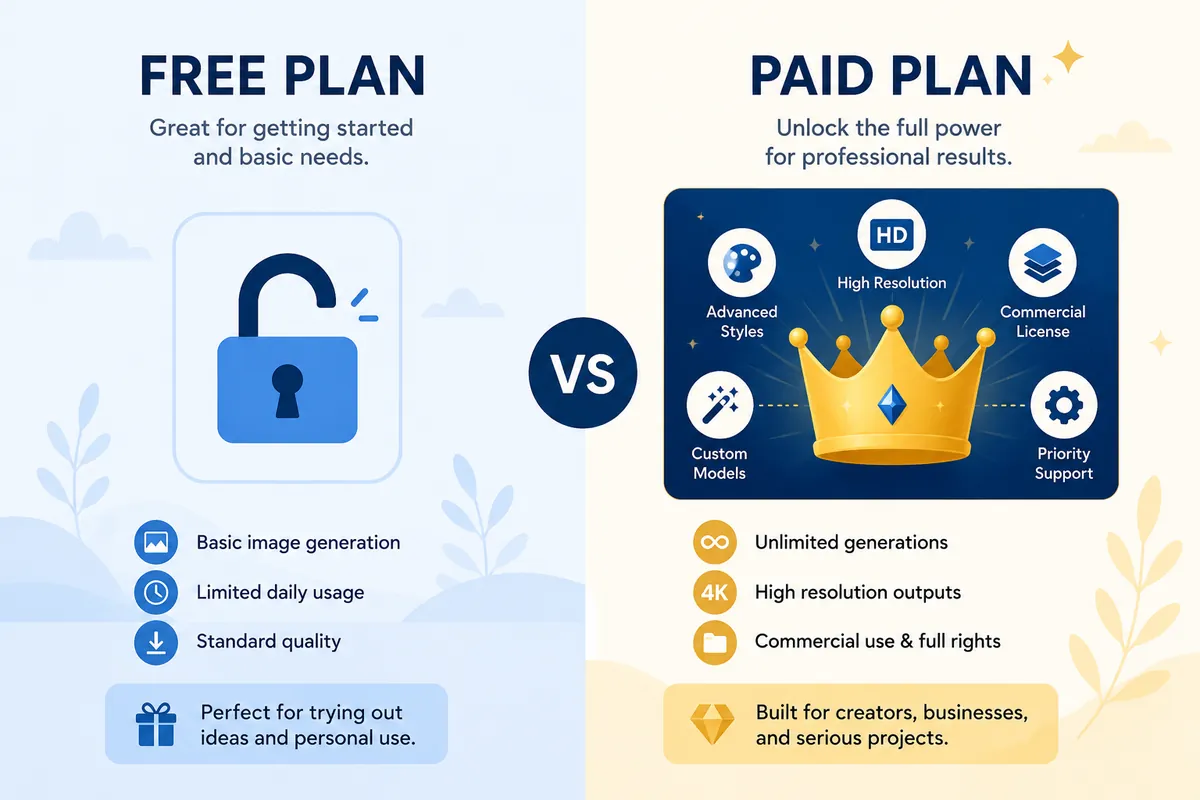 Comparison of free plan versus paid plan features for AI image generators, including resolution, commercial license, and generation limits