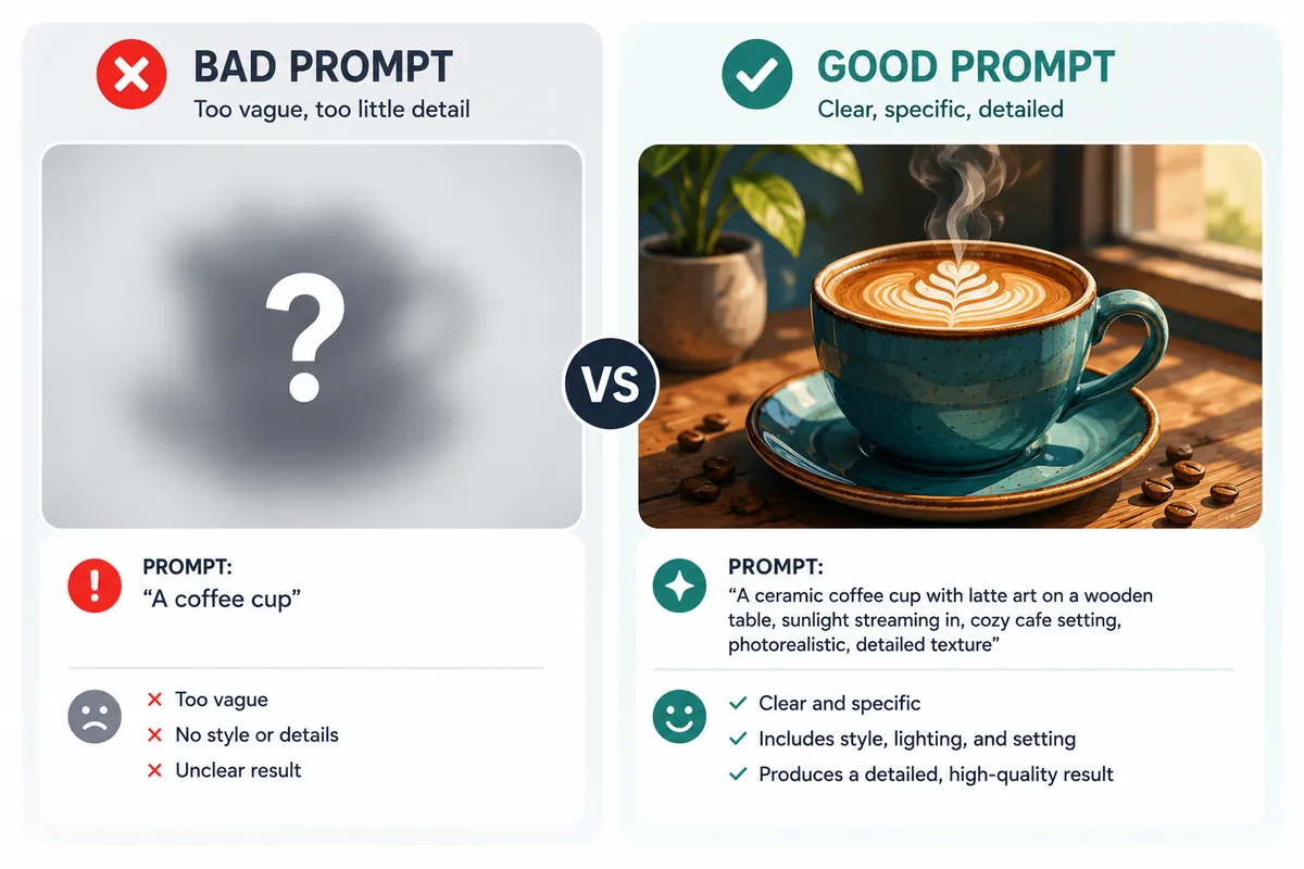 Side-by-side comparison of a vague blurry result from a bad prompt versus a detailed, sharp coffee cup image from a good prompt