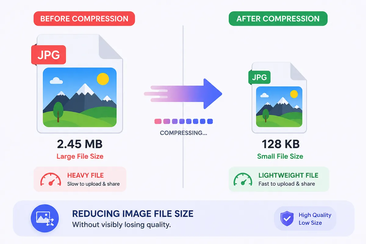 Before and after comparison showing a JPG image compressed from 2.45 MB to 128 KB without visible quality loss