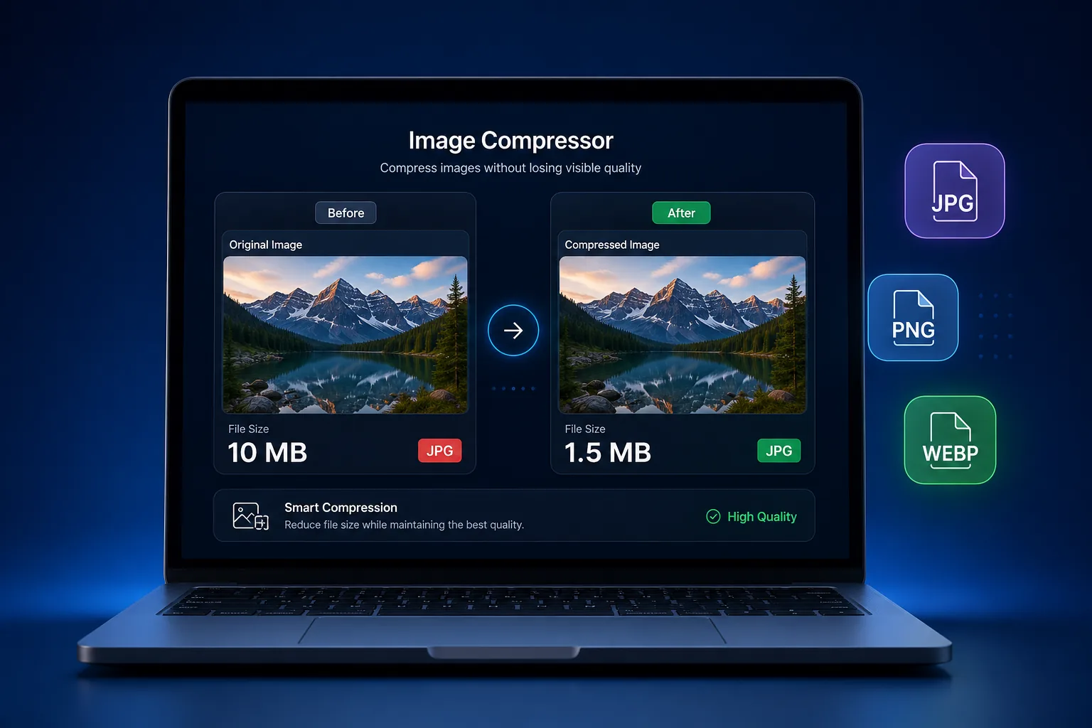 Image compressor tool showing before and after file size reduction from 10 MB to 1.5 MB