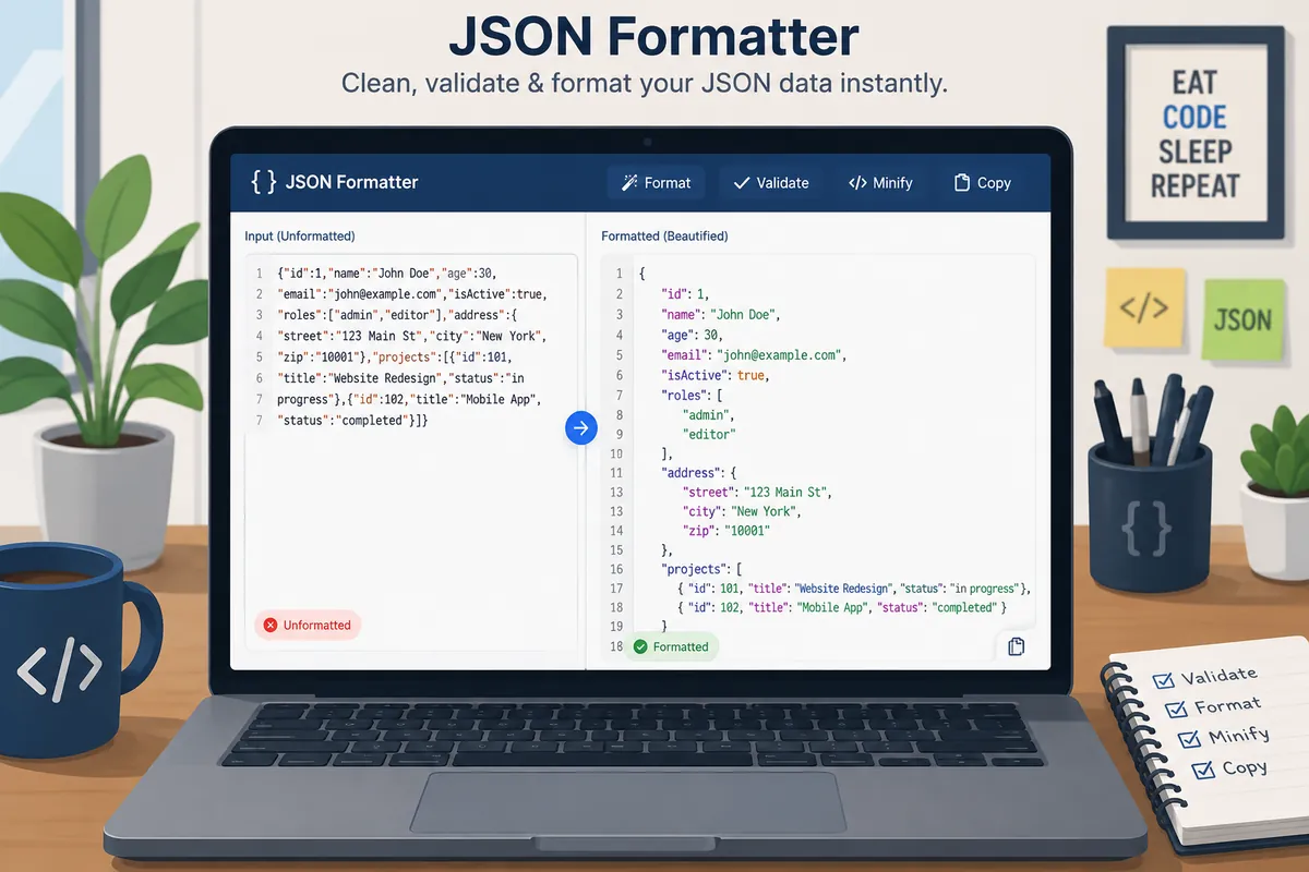 JSON Formatter tool showing unformatted JSON on the left and cleanly formatted, validated JSON on the right