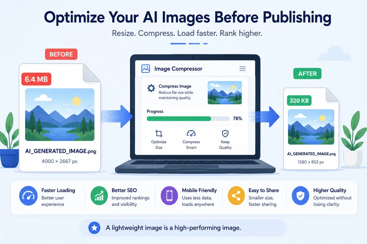 An AI-generated image file shrinking from 6.4 MB to 320 KB using an online image compressor before publishing