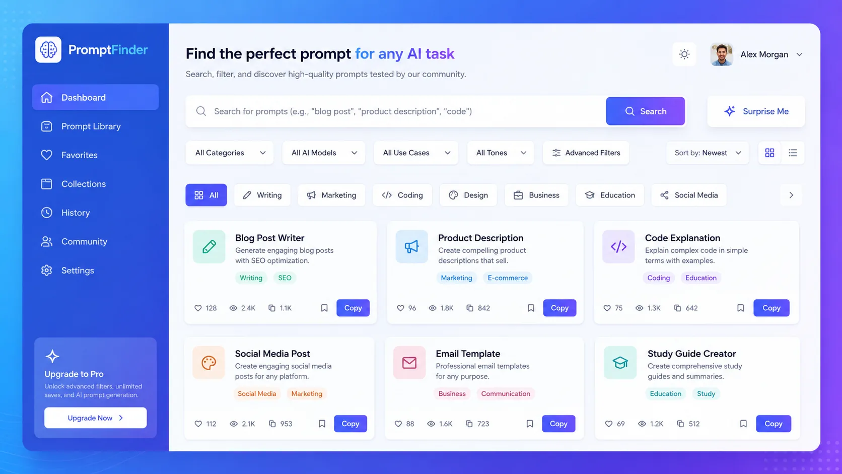 Prompt Finder dashboard showing AI prompt search and filter interface