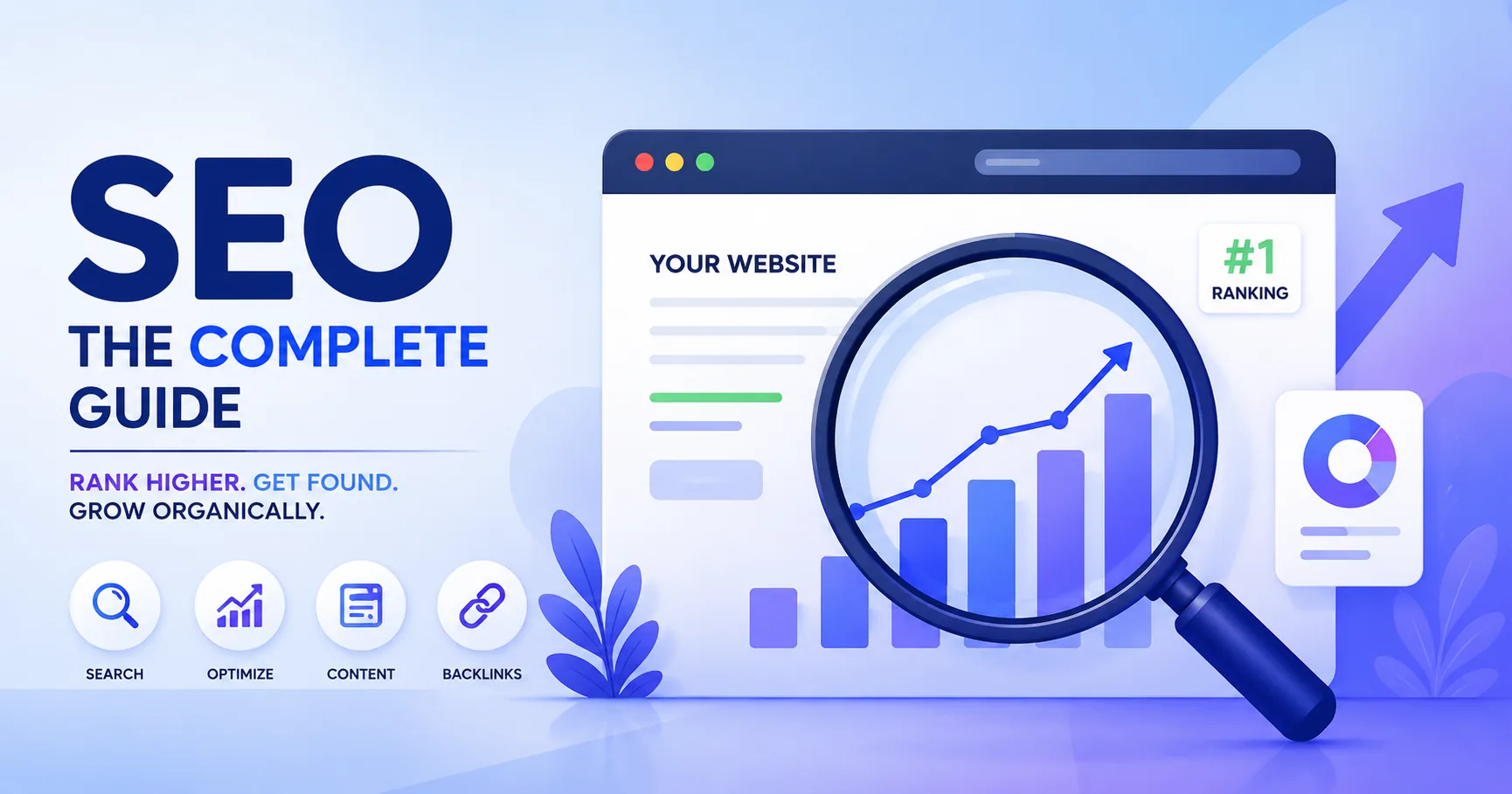 SEO complete guide illustration showing website ranking growth