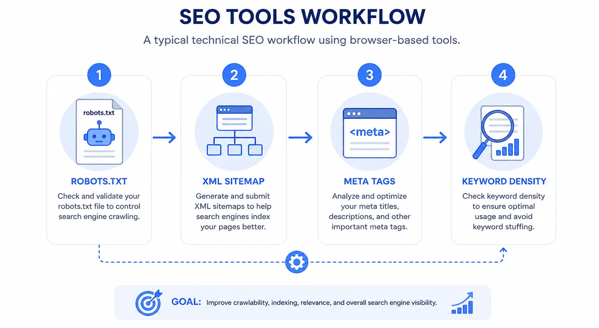 SEO tools workflow diagram showing robots.txt, XML sitemap, meta tags, and keyword density steps
