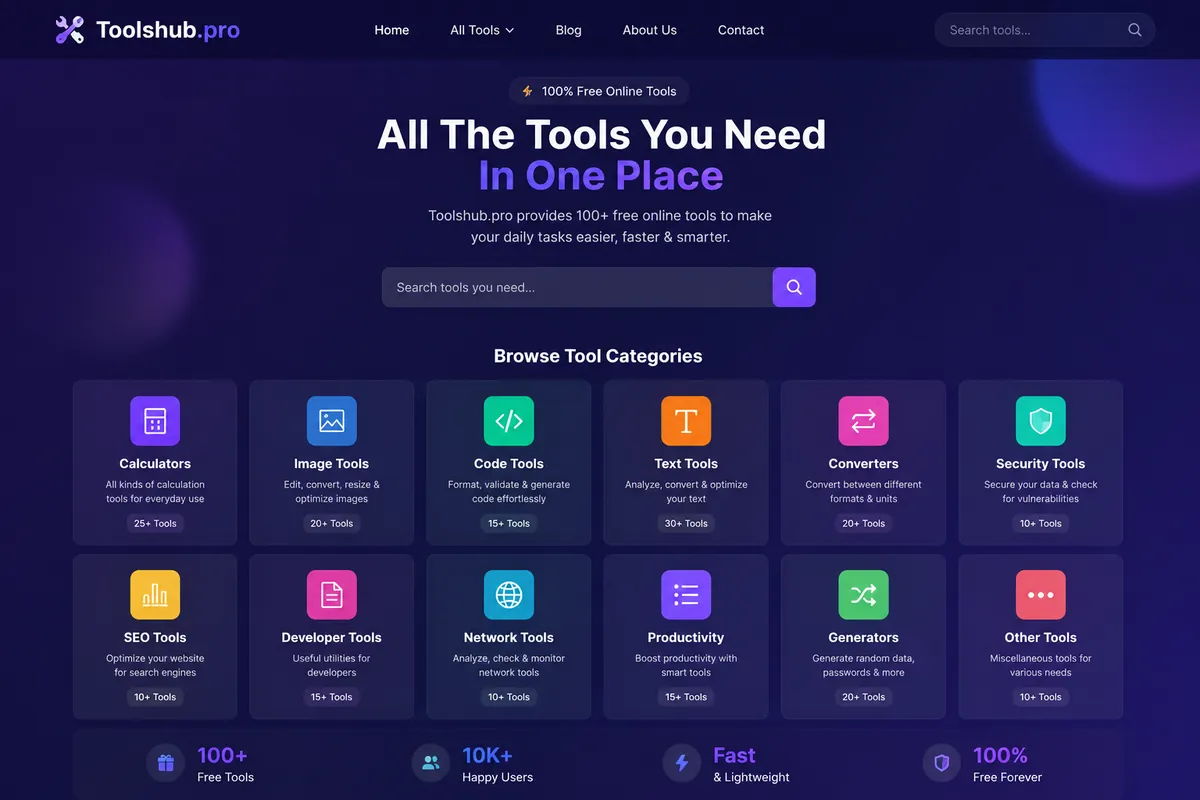 Toolshub.pro homepage showing free online tool categories including calculators, image tools, code tools, and SEO tools