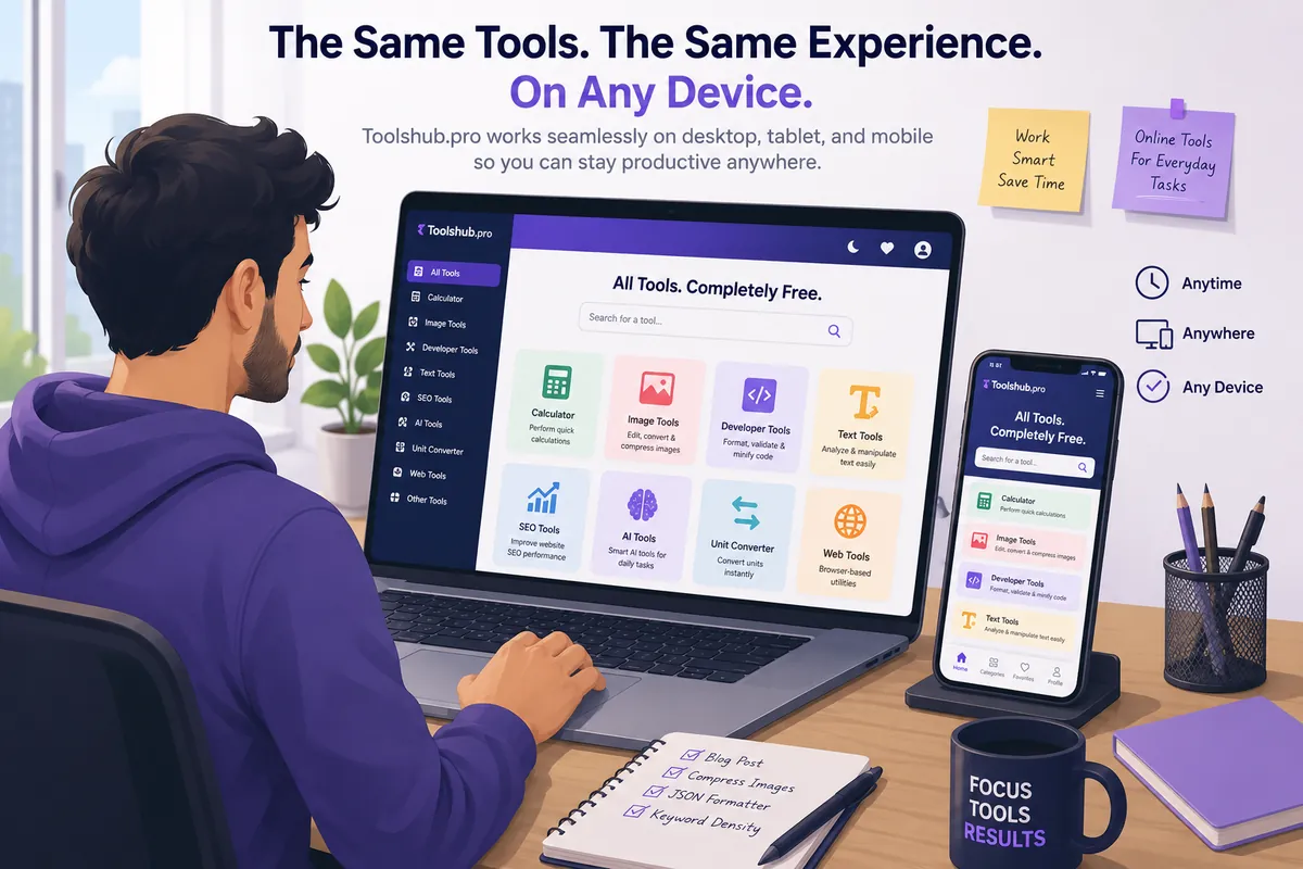 Toolshub.pro working the same way on laptop and mobile for calculators, image tools, developer tools, and text tools