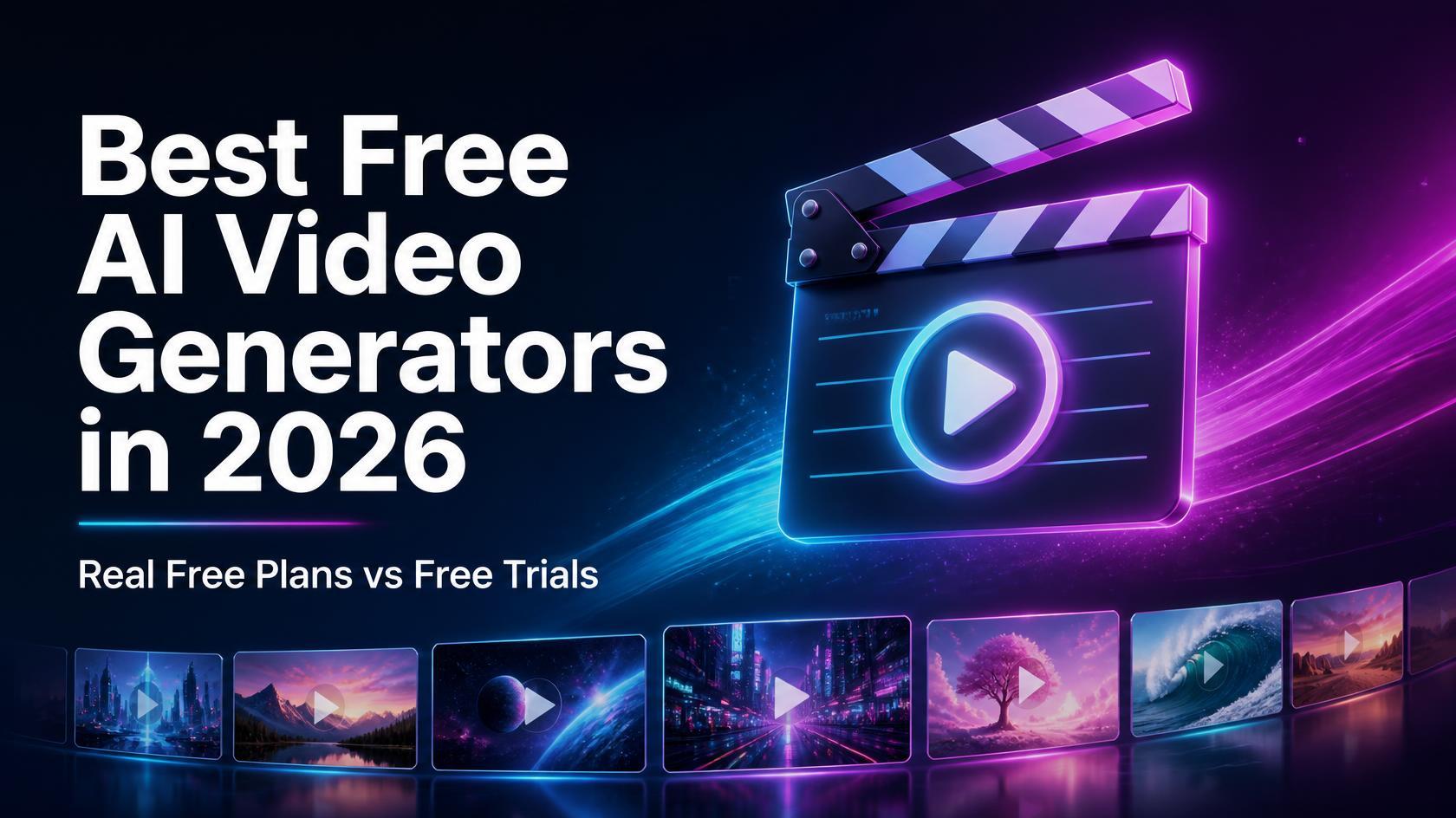 Cover illustration for Best Free AI Video Generators in 2026, showing a glowing clapperboard and video thumbnails under the subtitle Real Free Plans vs Free Trials